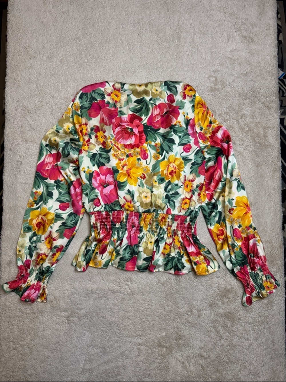 NWT Zara Pink, Yellow & Cream Floral Smocked Waist V-Neck Blouse sz S - Picture 5 of 5